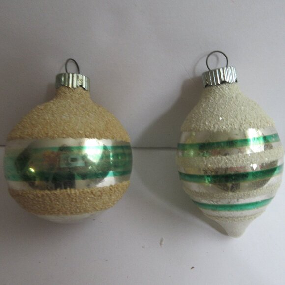 Shiny Brite Glass Christmas Ornament Teardrop & Round Mica Green Striped Vintage - Picture 1 of 12
